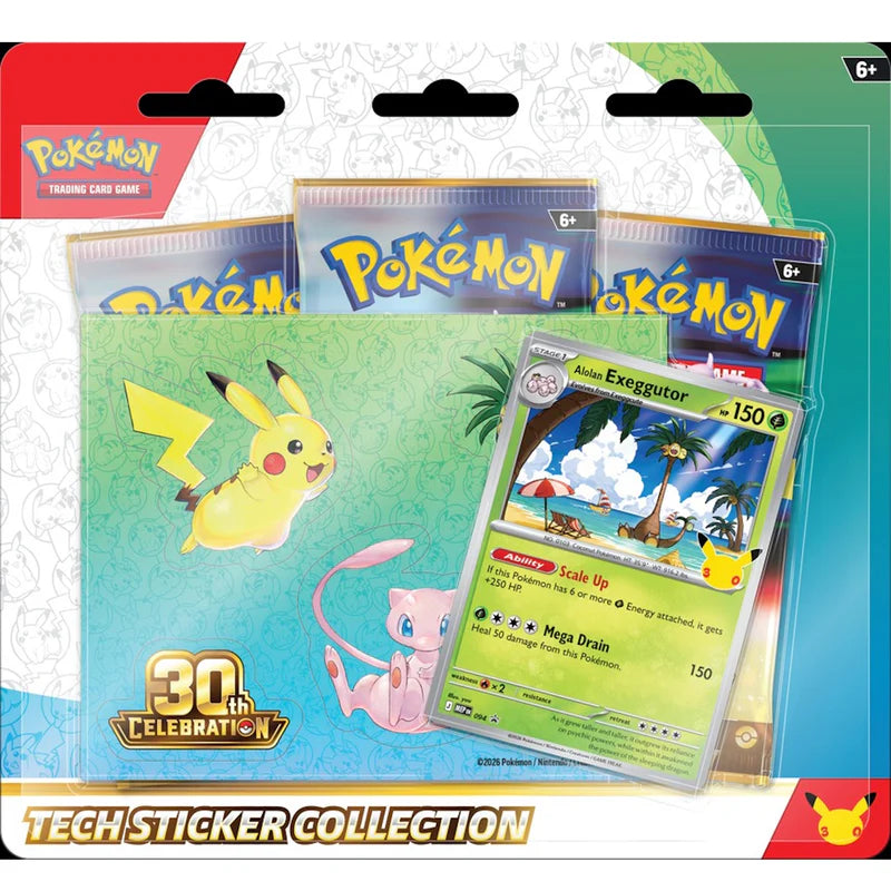 Pokémon TCG 30th Celebration Tech Sticker Collection Alolan Exeggutor factory sealed featuring foil promo, tech sticker, and 3 booster packs — available at FineToys.ca.